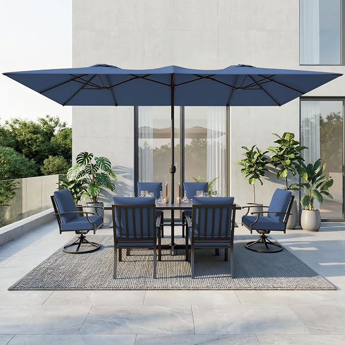 8 PCS Outdoor Patio Dining Set with 13.6ft Double-Sided Patio Umbrella,Patio Table and Chairs Metal Outdoor Patio Furniture Set,Dining Table Set with Swivel Chairs,Navy Blue