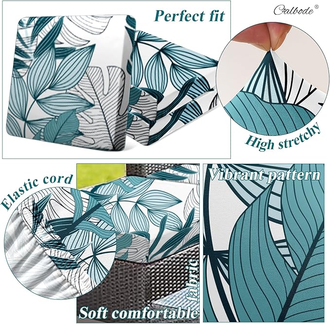 CALBODE 8Pcs Stretch Patio Cushion Cover Outdoor Cushion Cover Replacement Slipcovers Indoor and Outdoor Chair seat Covers Blue Botanical Print Patio Furniture Protector(Cover Only)