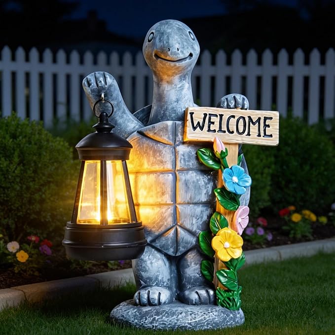 Solar Garden Statues, Resin Turtle Flower Statue w/ Welcome Sign, Waterproof Garden Figurine for Outside Yard Outdoor Home Patio Lawn Decor, Solar Animal Light for Adults Women Birthday Easter Gifts
