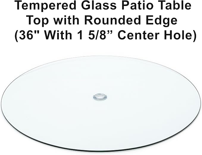 Audio-Visual Direct Tempered Glass Patio Table Top with Rounded Edge (36" with 1 5/8" Center Hole) Includes Free Umbrella Hole Ring and Cup Set