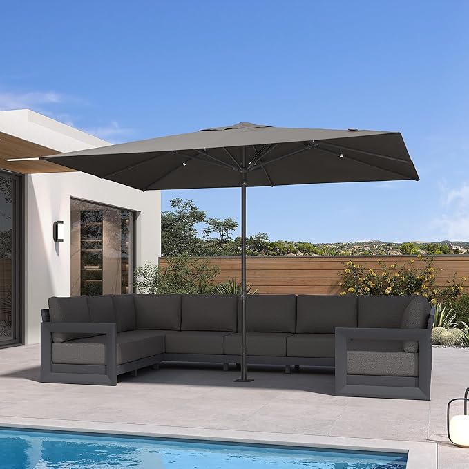 PURPLE LEAF 11' x 8' Rectangular Semi-Auto Outdoor Patio Umbrella Aluminium Market Umbrella Table Sun Umbrella with 1.89" Rod and 8 Sturdy Ribs for Deck Lawn Pool Garden, Gray