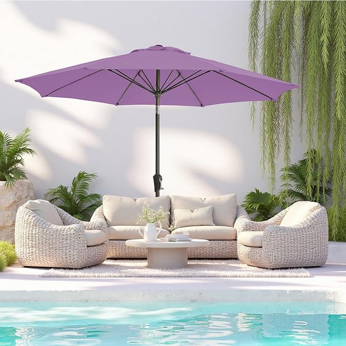 9FT Large Outdoor Patio Umbrella Pool Market Umbrella-UV Resistant, Easy Push Button Tilt and Crank, 8 Sturdy Ribs Heavy-Duty Table Umbrella for Deck, Backyard, Garden(Purple)