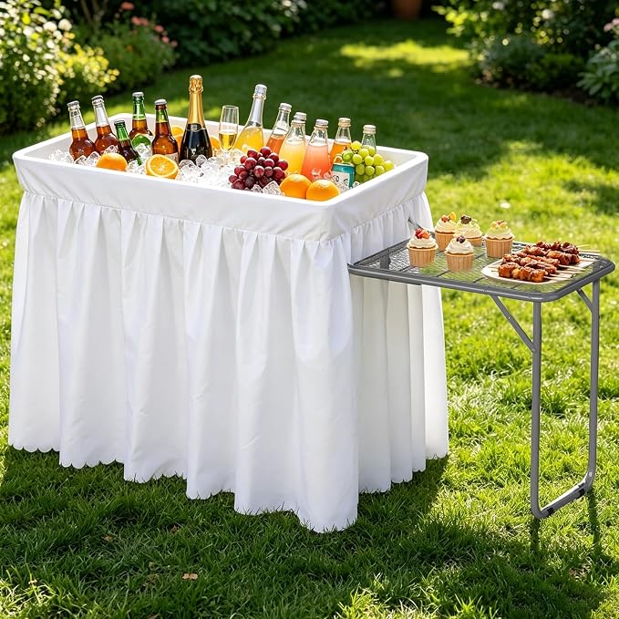Ice Cooler Table with Foldable Extension Stand, 4 Foot Outdoor Ice Table with Matching Skirt & Drain Hose, Folding Cooler Server with Metal Shelf for Party, BBQ, Camping Picnic, White