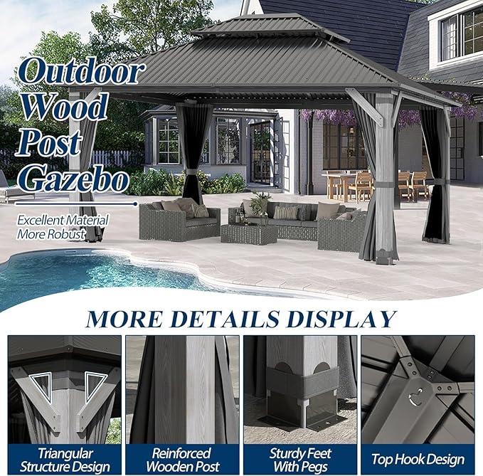 COVERONICS 12'x14' Outdoor Wood Gazebo - Hardtop Wooden Gazebo with Galvanized Steel Roof, Heavy-Duty Pavilion with Netting & Curtains for Garden, Poolside, Deck, Backyard