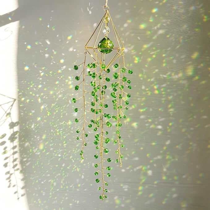 Crystal Suncatcher Glass Wind Chimes Sun Catchers Rainbow Plant Suncatcher | Crystal Beaded Plant Suncatcher for Window Hanging Home Garden Decor (15.4inch,Green)