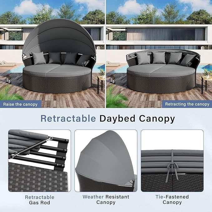 Patio Round Daybed with Canopy, Outdoor Wicker Rattan Sectional Sofa Set with Cushions, Patio Conversation Set for Backyard, Porch, Pool (Black)