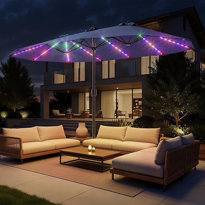 HOMSHADE Double Sided Patio Umbrellas with Base - 15ft RGB Multi-Color Flowing LED Lights Outdoor Extra Large Market Table Umbrella w/Stand, Oversized Umbrella for Deck, Pool, Backyard,Navy