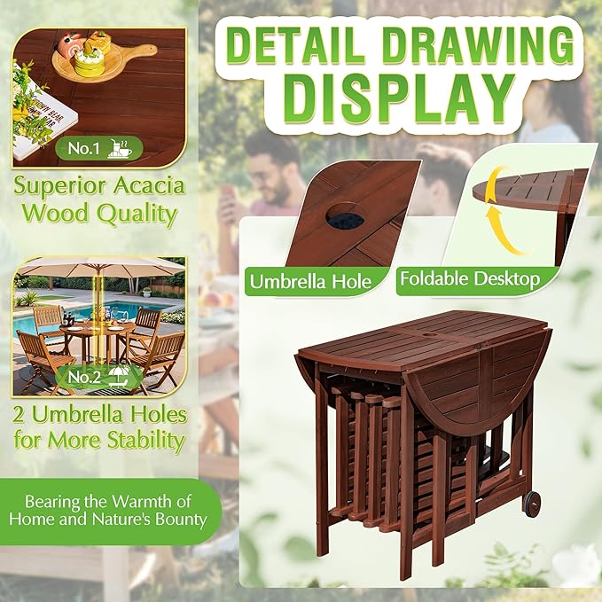 Greesum 5 Piece Patio Dining Set Outdoor Acacia Wood Furniture All-Weather Folding Round Table and Chairs for Backyard, Balcony, Porch, Deck, Garden, Dark Brown
