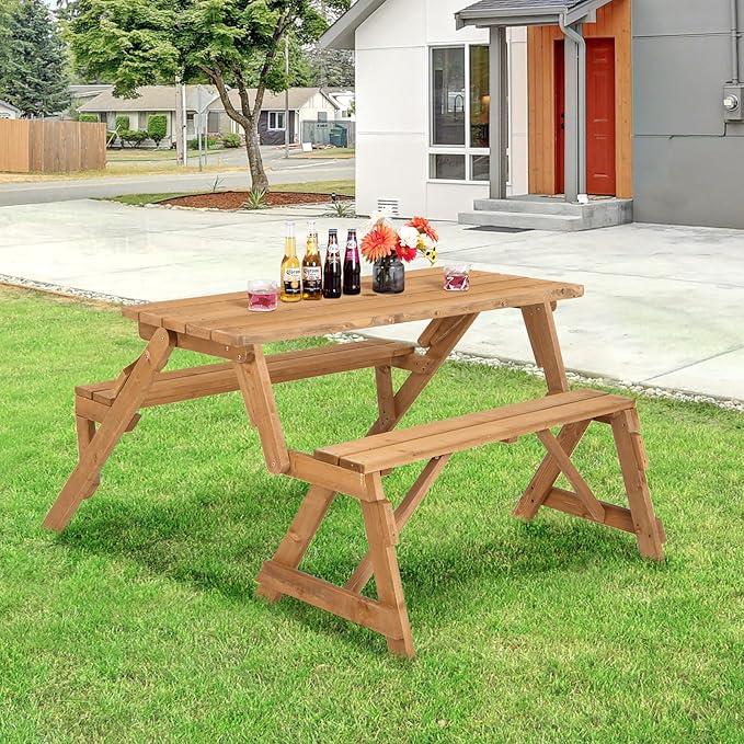 GYMAX Picnic Table, 2 in 1 Convertible Picnic Bench Table Set, Transforming Interchangeable Wooden Picnic Table with Umbrella Hole, Collapsible Outdoor Patio Dining Table Garden Bench