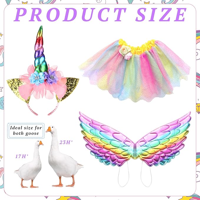Abbylike Unicorn Porch Goose Outfit Rainbow Goose Costume for 23'' H Cement Statue with Tutu Skirt Unicorn Headband Wing for Party Outdoor Yard Lawn Garden Patio Decor