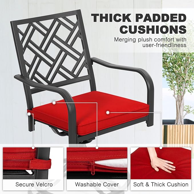 NUU GARDEN 7 Piece Outdoor Patio Dining Set, 61" x 37" Rectangle Table with Umbrella Hole and 6 Swivel Chairs with Red Cushions, for Lawn Balcony Garden, Black and Red
