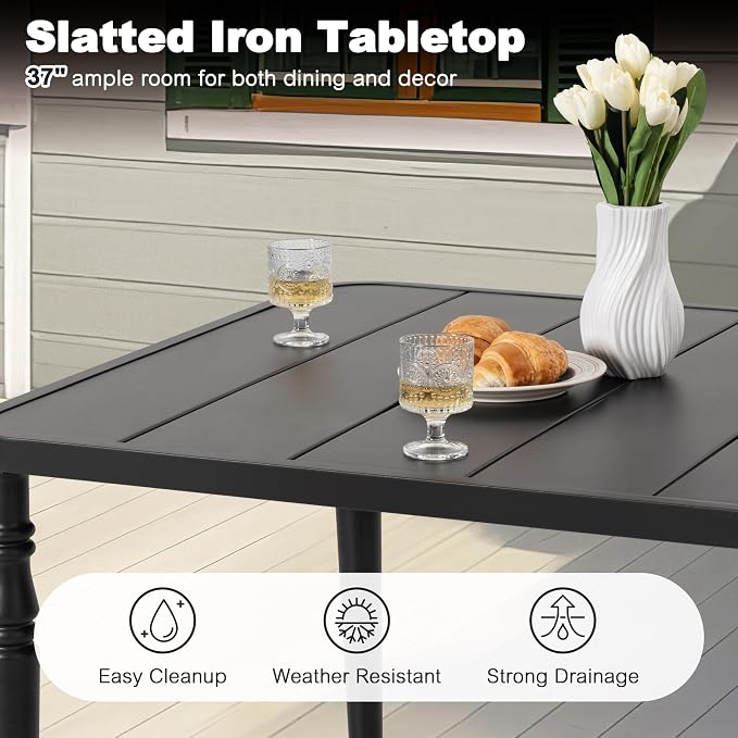 NUU GARDEN 5 Piece Outdoor Dining Set, 4 Slatted Stackable Chairs and 37 Inch Square Metal Table with Umbrella Hole, All-Weather Powder-Coated Iron for Garden, Patio, Backyard, Deck, Black