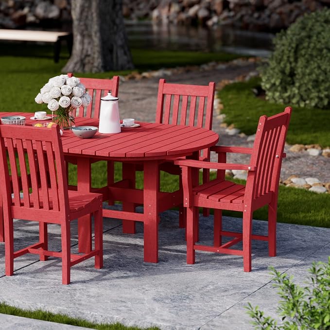 Wildridge Classic 7-Piece 44"x84" Dining Set, Cardinal Red - Outdoor Weather Resistant Recycled Plastic Furniture for Patio