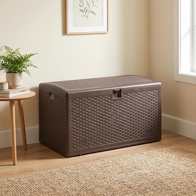 Patikuin 99 Gallon Outdoor Deck Storage Box, Weatherproof HDPE Resin Patio Storage Chest with Lockable Hydraulic Lid, UV Resistant, Brown, Wicker Style
