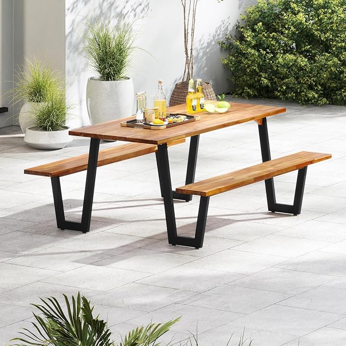 S AFSTAR 70" Outdoor Picnic Table, Heavy Duty Wooden Table and Bench Set with Umbrella Hole, All-Weather Acacia Wood Picnic Tables for 6, Garden, Backyard, Porch, Patio