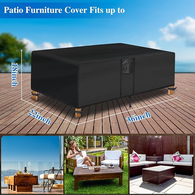 Outdoor Coffee Table Cover - Waterproof Rectangular Patio Coffee Table Cover (36L x 22W x 18H inches, Black) Patio Furniture Covers for Outdoor Furniture