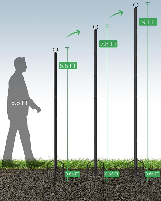 LAND·VOI String Light Poles 4 Pack, Heavy Duty Outdoor Light Poles with Upgraded 5‑Prong Base, Anti‑Bending Stable Design for Backyard Patio Garden Wedding Party Decoration