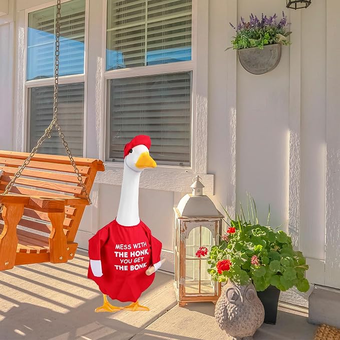 CAMDUCK Funny Porch Goose Outfit for 23 Inch Goose Statue, Mess with The Honk You Get The Bonk Goose Clothes, Decorative Lawn Geese Costume Clothing for Outdoor Decor (Red)