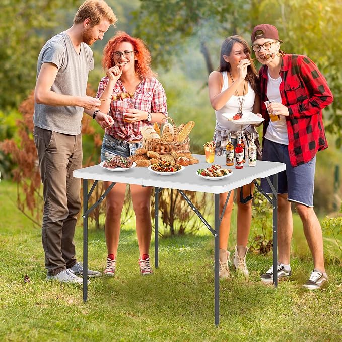 34" Folding Card Table, Heavy Duty Plastic Square Table - Portable Fold-in-Half w/Handle & Lock for Camping, BBQ, Party, Events