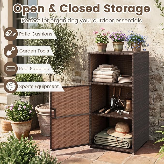 Tangkula Rattan Outdoor Storage Cabinet, Patiojoy PE Wicker Outdoor Cabinet with 3 Storage Shelves, Open Compartment and Door, Patio Storage Deck Box for Porch, Poolside, Backyard