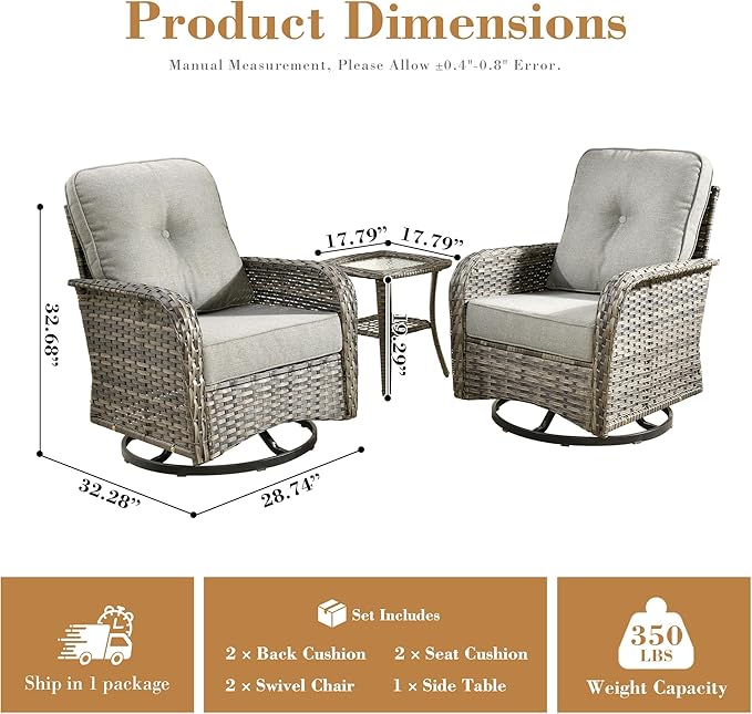 3 Pieces Patio Furniture Set, All-Weather Rattan Wicker Outdoor Furniture with Swivel Rocking Chairs and Side Table, High Back Conversation Set for Porch, Backyard, Balcony,Dark Grey