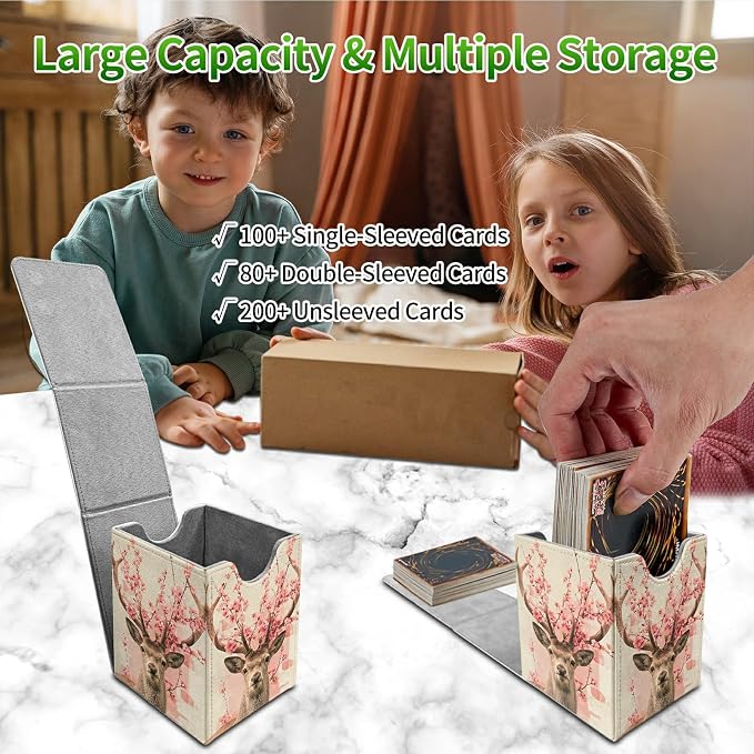 Peach Blossom Deer Card Deck Box for MTG, Personalized Card Storage Case Fits 120+ Sleeved Cards, Premium Leather TCG Box with Strong Magnetic Closure for Magic, CCG, PTCG, Baseball Cards