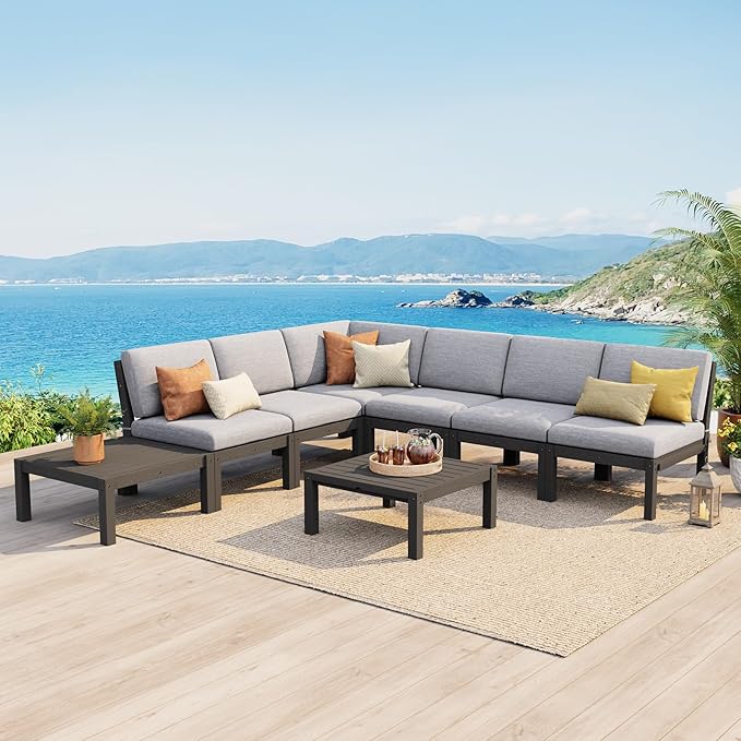 Stoog 8-Piece Patio Sectional Sofa Set, L-Shaped Modular Outdoor Furniture Set - All-Weather Waterproof HIPS Frame & Quick-Dry Olefin Cushions, Black