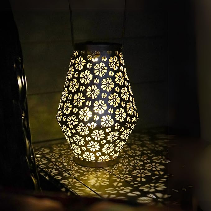 MCSLNT1 Solar Outdoor Hanging Lantern Light, Metal Flower Pattern Decorative LED Light for Garden Lawn Patio Pathway Tabletop Décor
