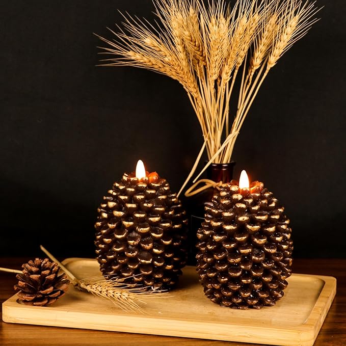 DRomance Flameless Pinecone Candles Battery Operated with 6 Hour Timer Set of 2 Real Brown Wax Flat Wick LED Flickering Pillar Candles Christmas Holiday Decor(Brown, 3.5 x 4.7 Inch)