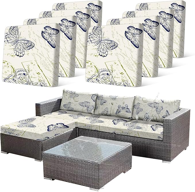 CALBODE 8pcs Outdoor Printed Sofa Seat Cushion Covers Strechable, Waterproof Elastic Half-Covered Sofa Covers Washable Reusable Patio Furniture Protector（Butterlfy, Cover Only）