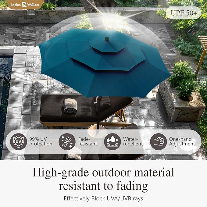 Sophia & William 10ft 3 Tier Auto-tilt Patio Umbrella,Wind Resistent,Outdoor Patio Umbrellas Double Vented Umbrella with Crank for Pool Garden Backyard, Cyan-blue