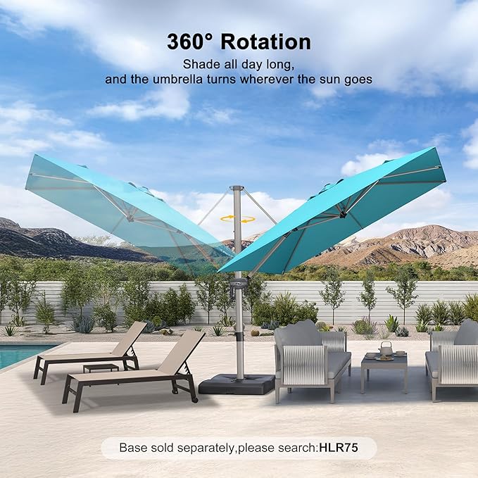 PURPLE LEAF 9’ X 9‘ Patio Umbrella Outdoor Cantilever Umbrella, Aluminum Offset Umbrella with Champagne Frame and 360° Rotation for Pool Deck Garden, Turquoise Blue