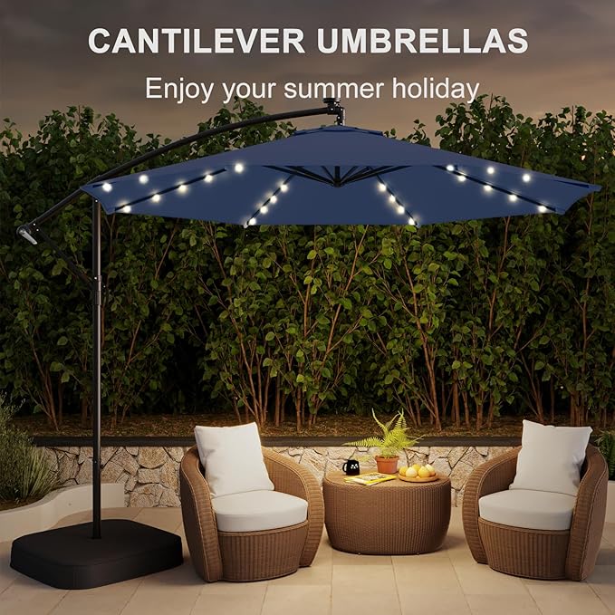 EROMMY 10FT 40-LED Solar Lighted Patio Umbrella with Base Included, Outdoor Offset Cantilever Umbrella, Infinite Tilt, Crank and Cross Base, UV Protection for Backyard, Lawn, Garden & Pool