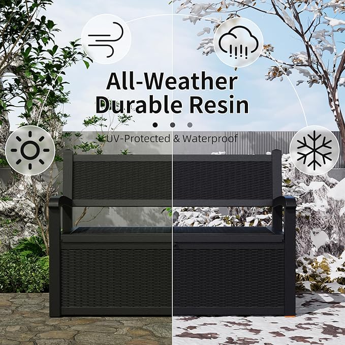 80 Gallon Storage Bench Deck Box Resin Patio Furniture with Armrest, Waterproof and UV Resistant Lockable for Patio Furniture, Garden Decor and Outdoor Seating for Cushions, Garden Tools,Black