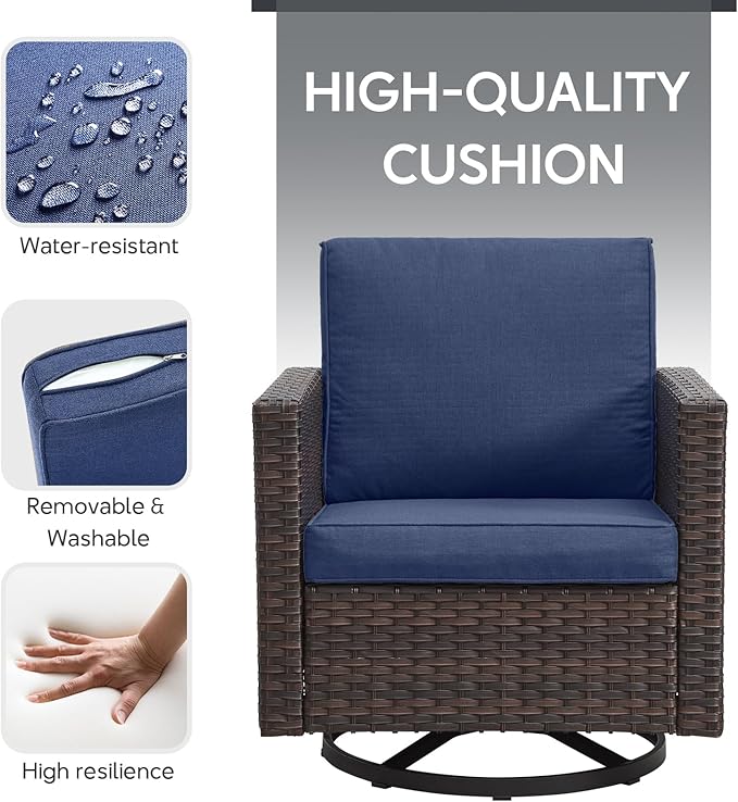 7 Piece Wicker Patio Furniture with Fire Pit Table - Outdoor Conversation Set with 50,000 BTU Fire Pit, All Weather Rattan Patio Set for Deck Backyard Garden - Brown Wicker Blue Cushion