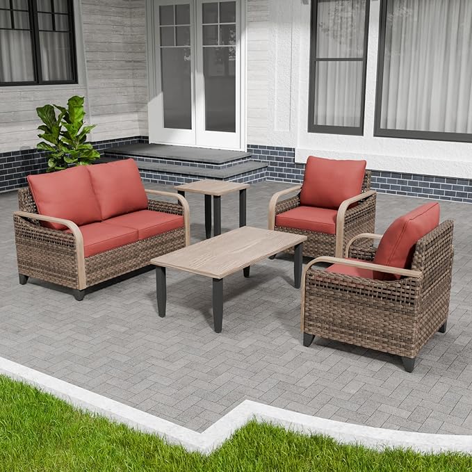 Modern Wicker Patio Furniture Set, Rattan Outdoor Conversation Set with Comfortable Cushions, 2 Patio Chairs, 2 Seat Loveseat, Coffee Table and Side Table, 5 Pieces, Brown/Red