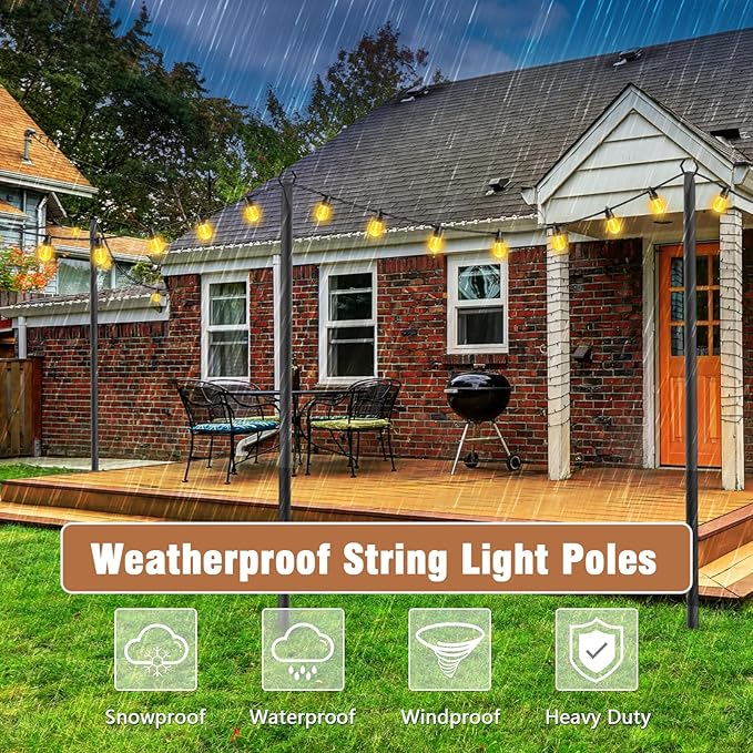 NUERPO 6 Pack String Light Poles,Metal Poles for Hanging Outdoor Light Strings,6 Pack 10 FT Light Poles Stand for Outside Garden,Patio,Wedding,Backyard,Deck,Party