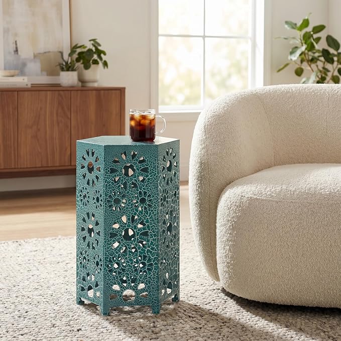 12" Teal Outdoor Side Table, Metal Cutout Side Table, Patio Garden Stool | Coffee End Tables for Small Spaces, Living Room, Backyard, Poolside
