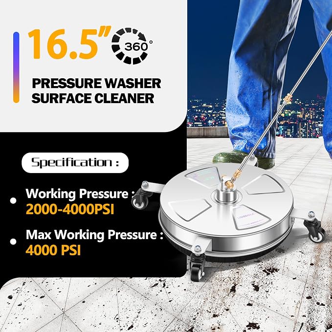16" Pressure Washer Surface Cleaner with 4 Wheels - Stainless Steel Surface Cleaner for Pressure Washer Attachment for Concrete, Patio, Sidewalk, Deck, Driveways and Daily Washing - PWS 16