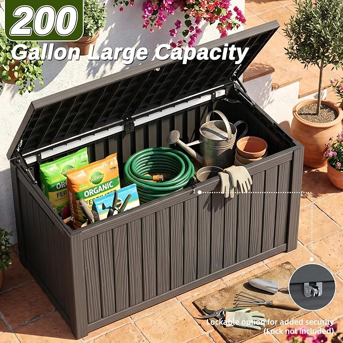 200 Gallon Deck Box, Extra Large Waterproof Outdoor Storage Box with Hydraulic Rod, Weatherproof Resin, Lockable Wood-grain Finish Container for Patio Furniture, Garden, Pool and Garage (Black)
