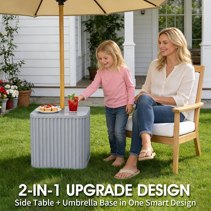BoYata Outdoor Umbrella Side Table, 2-in-1 Outdoor Side Table with Umbrella Hole, 15.9 Gallon Fillable Umbrella Stand Base, Fit Up to 1.5" Pole, Square Patio Side Table for Poolside, Deck, Matte Gray