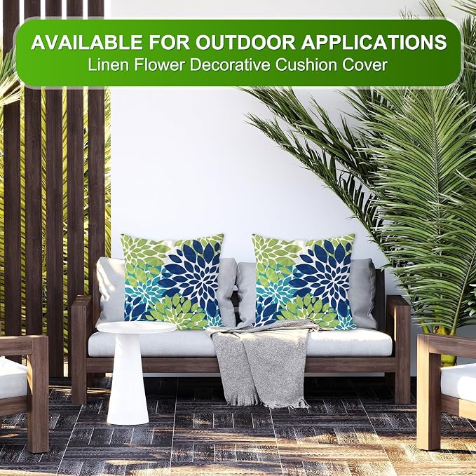 M METERXITY 2-Pack Pillow Cover 20x20 Linen, Blue Green | Water Resistant Floral Decor Slipcover, for Patio, Balcony, Garden, Outdoor Pillow Case