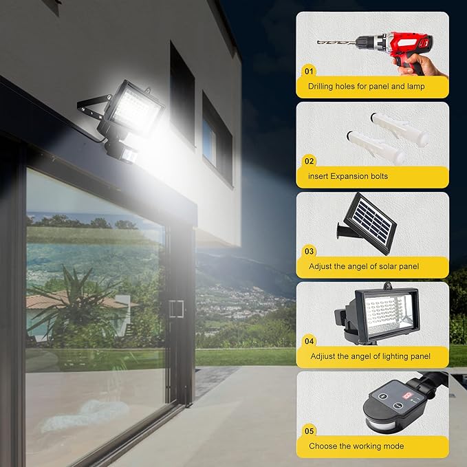 SUNLONG Solar Motion Lights Outdoor Waterproof Motion Sensor Outdoor Lights Digital Adjustable PIR Security Lighting for Front Door Patio Deck Pathway (Natural White)