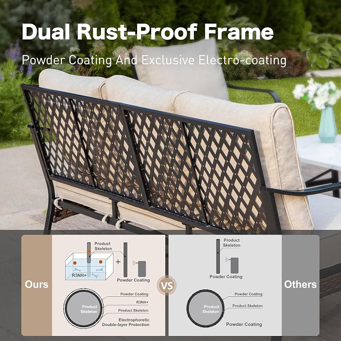 SUNSHINE VALLEY 4 Piece Black Metal Outdoor Patio Furniture Sets with Firepit Table, Patio Conversation Sets 1 3-Seater Sofa, 2 Swivel Sofa with 5.75" Thick Cushion Backyard Furniture for Deck, Beige