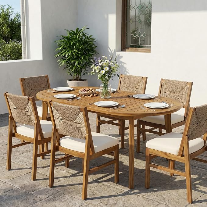 Christopher Knight Home 7 Piece Outdoor Dining Set with 70 Inch Oval Acacia Wood Patio Table and 6 Wicker Woven Dining Chairs with Cushions, Teak Finish Outdoor Table and Chairs for Patio Deck Garden