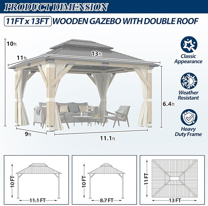 COVERONICS 11FT x 13FT Outdoor Wood Gazebo - Patio Wooden Gazebo with Galvanized Steel Hardtop, Heavy-Duty Double Roof Gazebos with Netting & Curtains for Garden, Poolside, Deck, Backyard