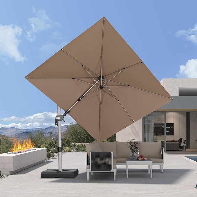 PURPLE LEAF 8' X 10' Left-right Tilting Patio Umbrella Outdoor Swivel Cantilever Umbrella Aluminum Offset Umbrella with Champagne Frame and 360-degree Rotation for Garden Deck Pool, Taupe