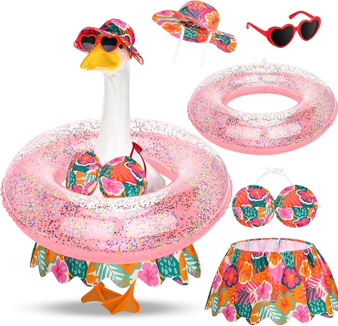 Hawaiian Porch Goose Outfits Summer Bikini Goose Clothes Costume Fits 23" Goose Statue with Hat Sunglasses & Swimming Ring