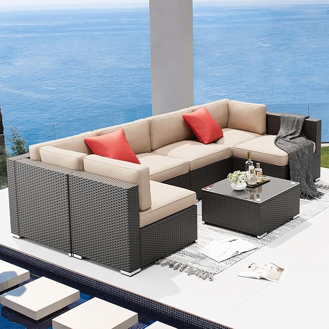 SUNCROWN 7-Piece Outdoor Patio Furniture Sofa Set All-Weather Wicker Sectional Conversation Set with Modern Glass Coffee Table and Cushions, Backyard, Garden, Light Brown