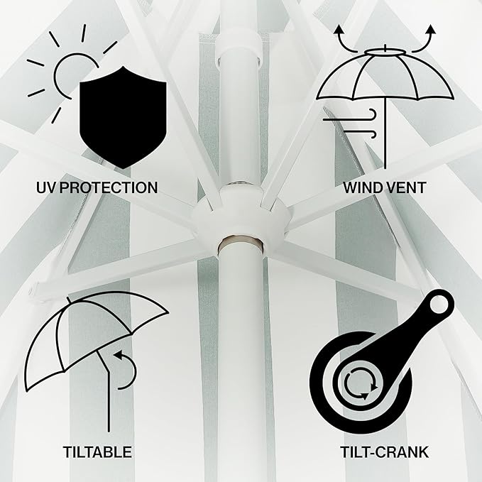 JONATHAN Y UMB1001 Collins 9 ft. Classic Cottage Tassel Market Patio Umbrella with Auto-Tilt, Crank, Wind Vent and UV Protection